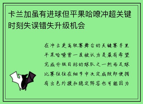 卡兰加虽有进球但平果哈嘹冲超关键时刻失误错失升级机会 卡兰加虽有进球但平果哈嘹冲超关键时刻失误错失升级机会