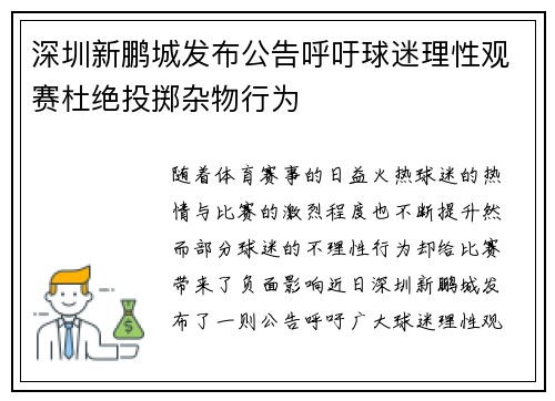 深圳新鹏城发布公告呼吁球迷理性观赛杜绝投掷杂物行为